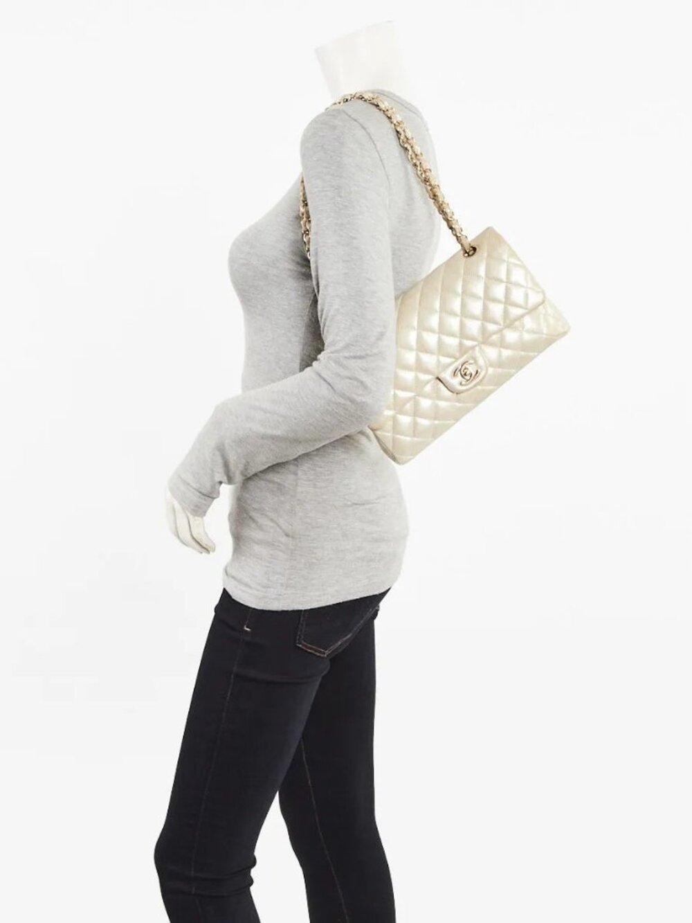 Chanel Gold Iridescent Quilted Coated Calfskin Classic Medium Double Flap Bag